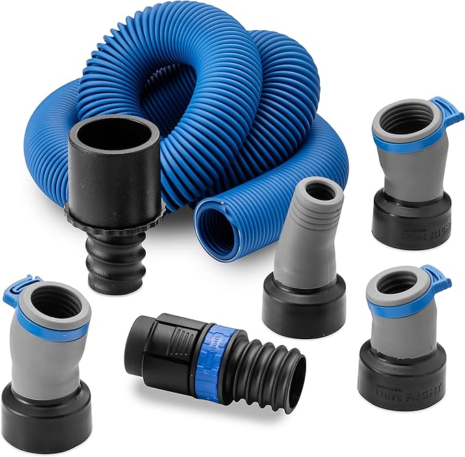 Dust Right Flexiport Power Tool Hose Kit - 3 To 12' Expandable Hose & 4 FlexiPorts - Lightweight Dust Collectors for Woodworking Power Tools - Collector Hose for Shop Vacuums, Table Saw & More