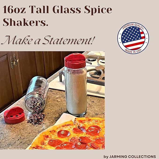 JARMING COLLECTIONS Premium Glass Spice Shakers - 16 oz Versatile Seasoning and Spice Dispenser with Sifting Lids for Popcorn, Cheese, Cinnamon, and Salt, Made in USA