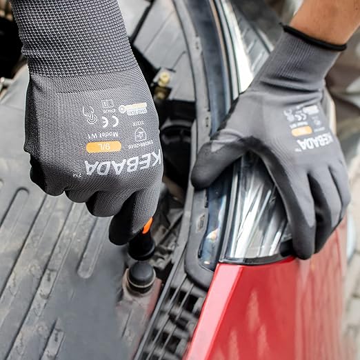 Kebada W1 Work Gloves for Men and Women, Touchscreen PU Coated Gloves with Grip, 50 Pairs Bulk Pack, Ideal for Warehouse Package Handling, Construction, Gardening, Gray XX-Large