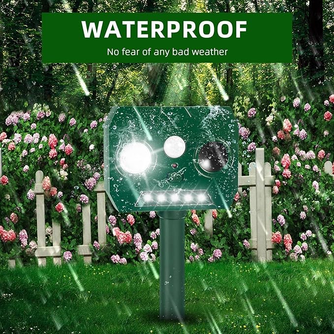 2025 Solar Ultrasonic Raccoon Squirrel Deer Repellent Rabbit Deterrent Animal Repeller Sonic Fortress Pro with Flash Light Motion Sensor to Keep Cat Dog Fox Skunk Out of Garden Yard(2Pack)