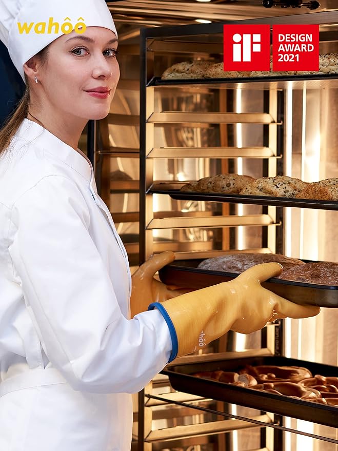 LANON Protection Wahoo Liquid Silicone Smoker Oven Gloves, Food-Contact Grade, Heat Resistant Gloves for Cooking, Grilling, Baking, Yellow, XXL/11
