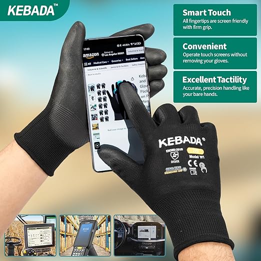 Kebada W1 Work Gloves for Men and Women, PU Coated Safety Gloves with Grip, Touchscreen, Ideal for Warehouse Package Handling, Construction, Gardening, Black XX-Large