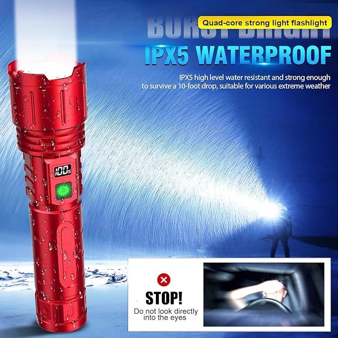Flashlights High Lumens Rechargeable - 1500 Meters Long Beam Super Bright LED Flash Light with Power Display & IPX5 Waterproof for Camping, 20H Runtime,5 Modes,Zoomable Handheld Flashlight -Red