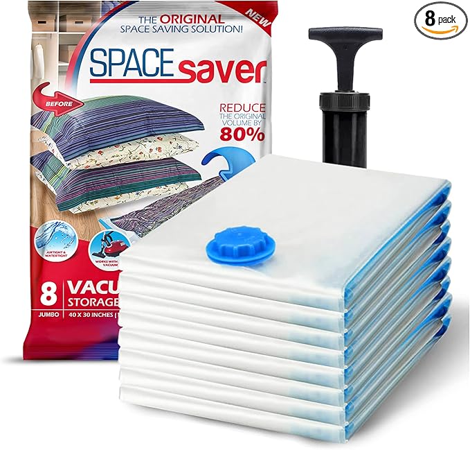 8 Pack Jumbo Vacuum Storage Bags for Comforters, Blankets & Clothes – Jumbo Vacuum Sealed Compression Bags with Hand Pump – Space Saver Storage Bags for Bedding, Moving, Travel & Organization