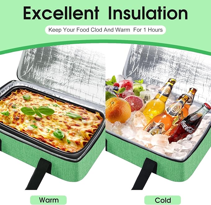 Insulated Casserole Carrier, Portable Casserole Carrier for Hot or Cold Food Lunch Tote Warmer or Cooler Bag, Lasagna Lunch Bag for Potluck Parties- Fits 9" x 13" Baking Dish-Green