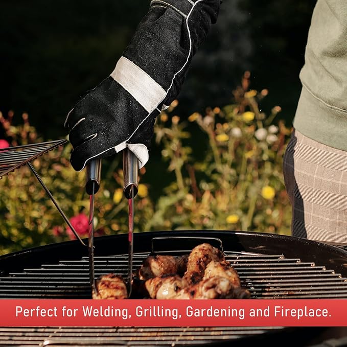 YESWELDER 23.6 Inches 932℉,Leather Forge MIG Welding Gloves, with Kevlar Stitching Heat/Fire Resistant, Palm Reinforcements, Forge,Grill, Fireplace Black-Gray