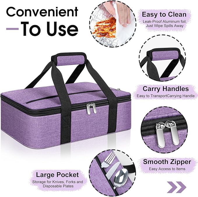 Insulated Casserole Carrier, Portable Casserole Carrier for Hot or Cold Food Lunch Tote Warmer or Cooler Bag, Lasagna Lunch Bag for Potluck Parties- Fits 9" x 13" Baking Dish-Purple