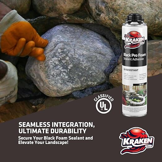 Kraken Bond Black Spray Waterfall Foam Sealant - (24x24oz) Expanding Polyurethane Pond Foam Sealer Black, UV Resistant Insulating Spray for Landscape & Exterior, Gun Use, Gun Included, 24 Pack