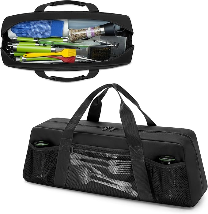 Grill Tool Storage Bag, Outdoor BBQ Utensil Holder for Barbecue Tool up to 20", Large Grill Utensil Storage Caddy with Pockets, BBQ Accessories Case Container for Camping, Bag Only, Black