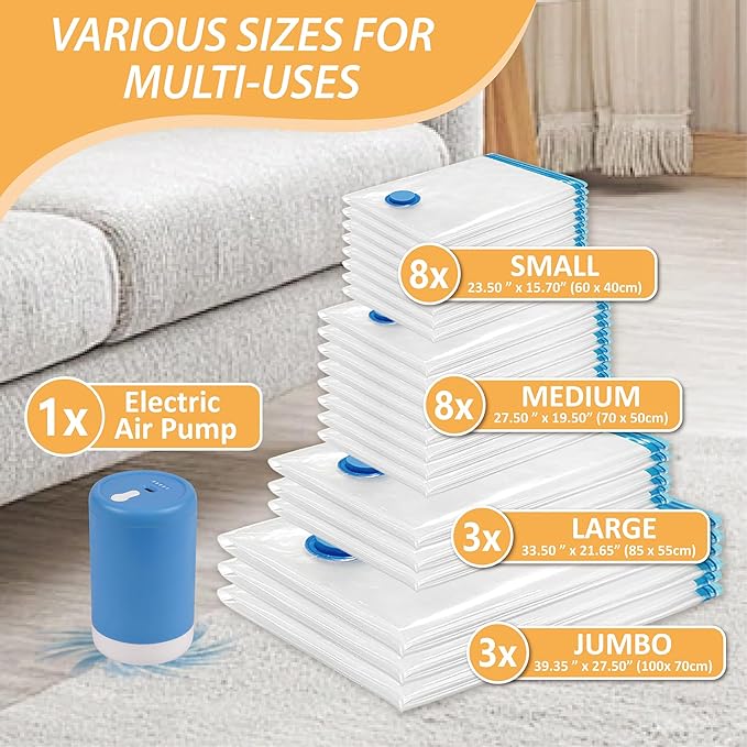 Vacuum Storage Bags with Electric Pump, 22 Pack (3 Jumbo/3 Large/8 Medium/8 Small) Vacuum Seal Space Saver Bags for Clothing, Pillows, Blanket, Bedding, Comforters