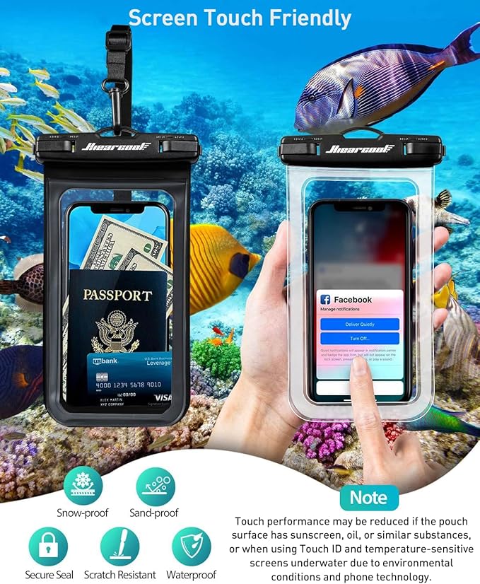 Hiearcool Universal Waterproof Phone Pouch,Underwater Dry Bag for iPhone 16 15 14 13 Pro Max XS Plus up to 8.3",IPX8 Cell Phone Case for Cruise Travel Essentials-Black&Clear-2Pack