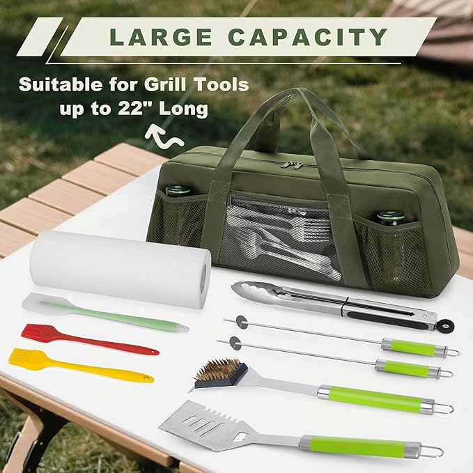 Grill Tool Storage Bag, Outdoor BBQ Utensil Holder for Barbecue Tool up to 20", Large Grill Utensil Storage Caddy with Pockets, BBQ Accessories Case Container for Camping, Bag Only, Green
