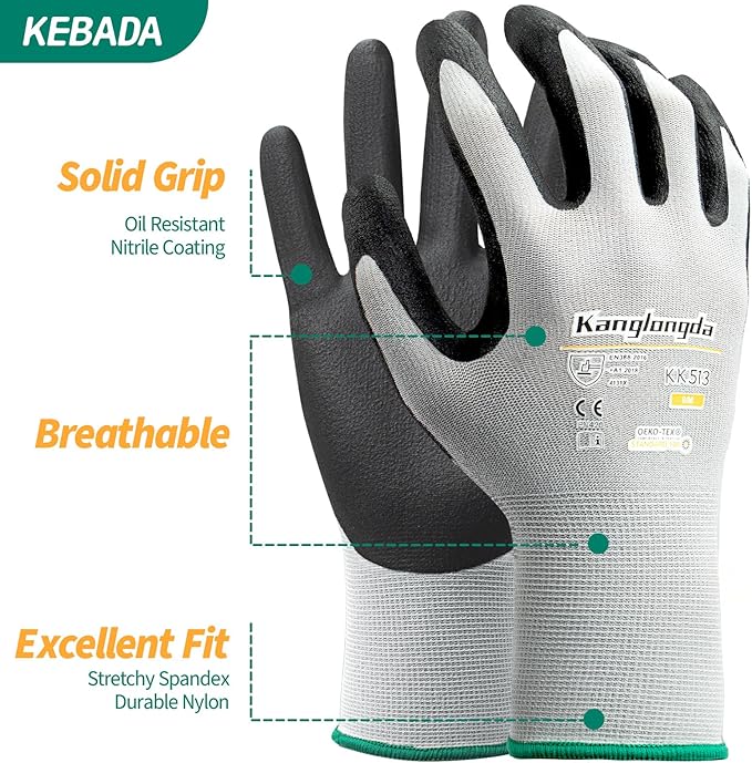 Kebada Foam Nitrile Coated Work Gloves, 3 Pairs Nylon Gloves with Grip, Ideal for Package Handling, Warehouse, Mechanic and Light Duty Construction, Small