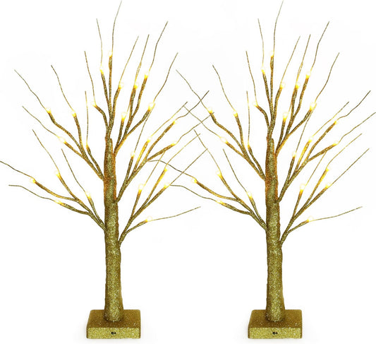 Sunnyglade 2PCS 2Ft 24 LED Birch Tree Light Fairy Tree Bonsai Tree Light Warm White for Home Wedding Festival Party Christmas Decoration (Golden)