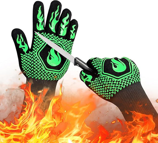 BBQ Fireproof Gloves, Grill Cut-Resistant Gloves 1472°F Heat Resistant Gloves, Non-Slip Silicone Oven Gloves, Kitchen Safe Cooking Gloves for Oven Mitts,Barbecue,Cooking, Frying,13.5 Inch-Green