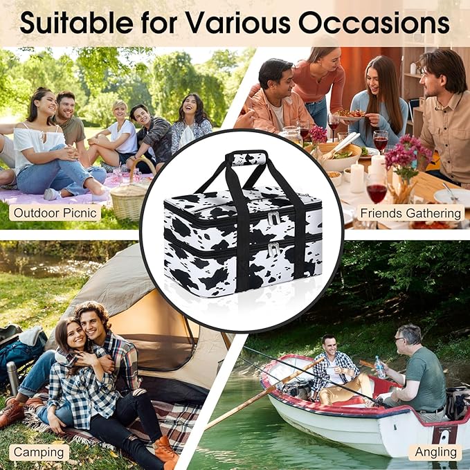 Double Insulated Casserole Carrier, Portable Casserole Carrier for Hot or Cold Food Lunch Tote Warmer or Cooler Bag, Lasagna Lunch Bag for Potluck Parties- Fits 9" x 13" Baking Dish-Cow Pattern