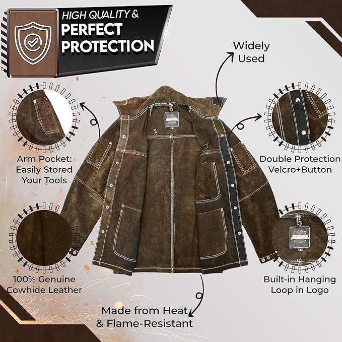 Leather Welding Jacket for Men & Women, Heat & Flame Resistant, Heavy Duty Safety Jacket