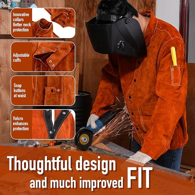 QeeLink Leather Welding Jacket - Flame-Resistant Heavy Duty Work Welder Jackets - Split Cowhide Welding Coat for Men Women