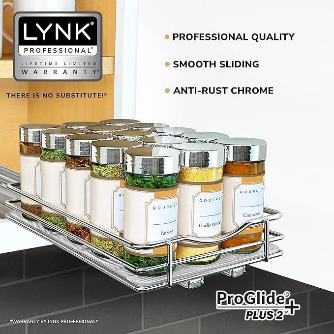 LYNK PROFESSIONAL® Pull Out Spice Rack Organizer for Inside Kitchen Cabinets - 6-1/4 inch Wide - Slide Out Drawer – Chrome Sliding Spice Cabinet Organization Shelf Racks - 1 Tier
