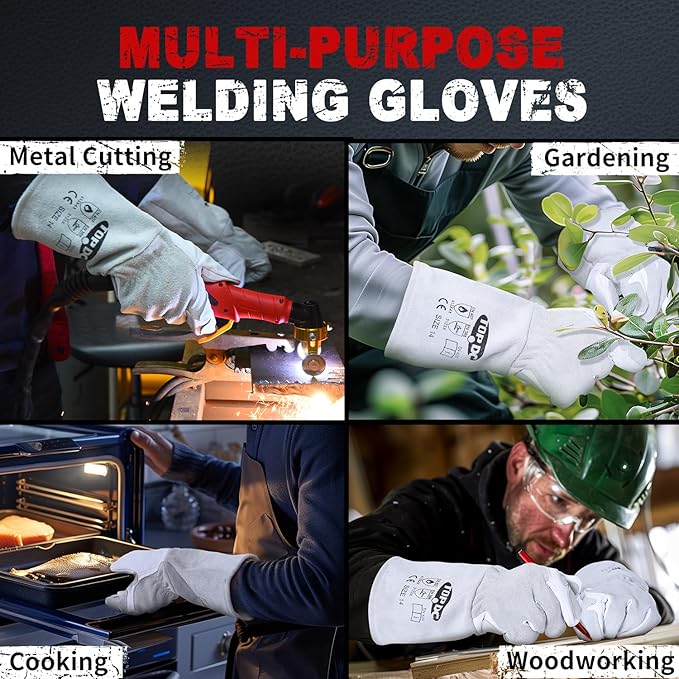 TOPDC Premium Goatskin Leather Welding Gloves, Split Cowhide Back, TIG Welding Gloves with Reinforced Palm Thumb Index Finger (Grey-White, 14 Inch Large)