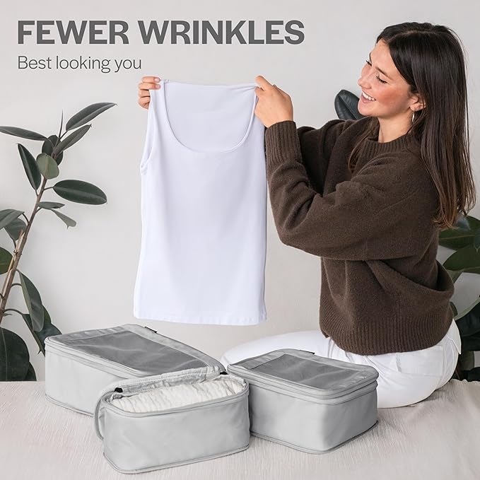 Compression Packing Cubes for Travel - Luggage Organizer Bags - Double Zipper Packing Cubes for Suitcases (6-Pack, Light Grey)