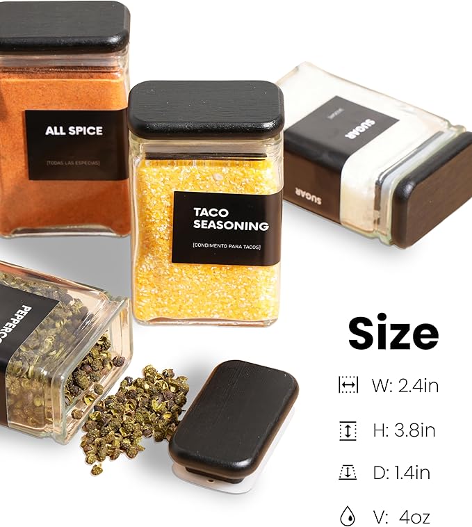 Glass Square Spice Jars with Labels, 4oz Glass Jars with Bamboo Lids, Spice Bottles, Seasoning Organizer, 12 Pack (Black)