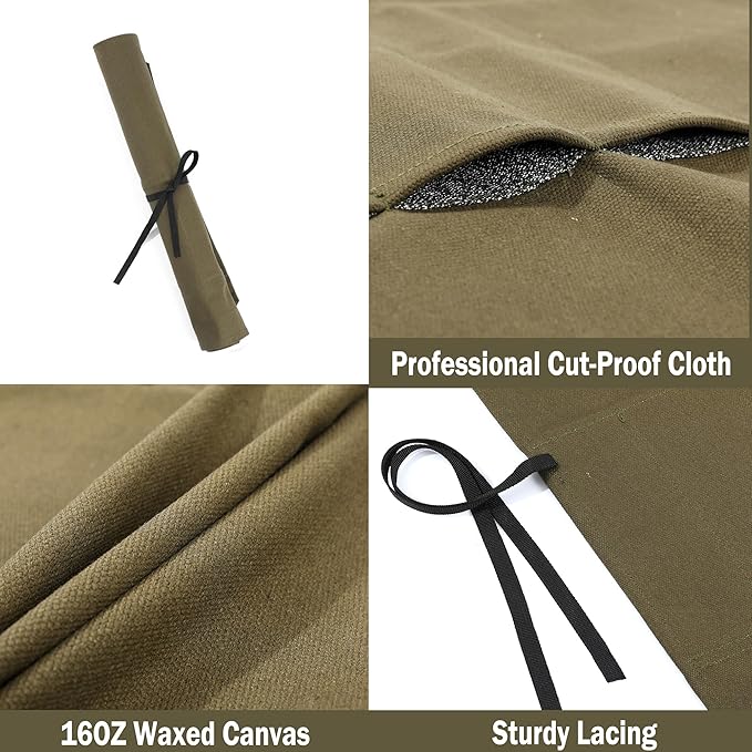 Kaaltisy Knife Roll Bag, 16oz Waxed Canvas Chef Knife Bag with 5 Slots, Specialized Anti Cutting Fabric Knife Holder with Tie Rope | Army Green