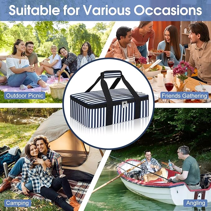 Insulated Casserole Carrier, Portable Casserole Carrier for Hot or Cold Food Lunch Tote Warmer or Cooler Bag, Lasagna Lunch Bag for Potluck Parties- Fits 9" x 13" Baking Dish-Blue Stripes