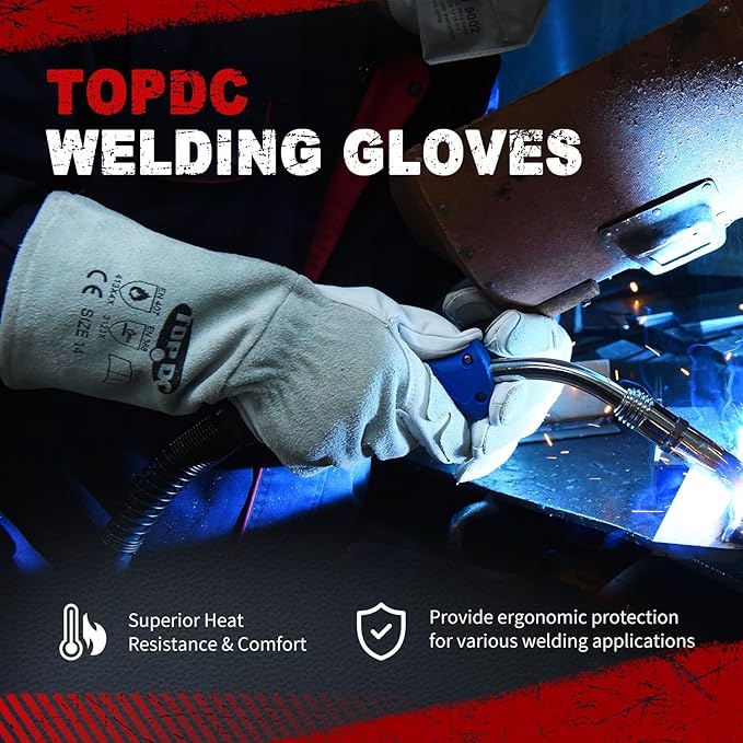 TOPDC Premium Goatskin Leather Welding Gloves, Split Cowhide Back, TIG Welding Gloves with Reinforced Palm Thumb Index Finger (Grey-White, 14 Inch Large)