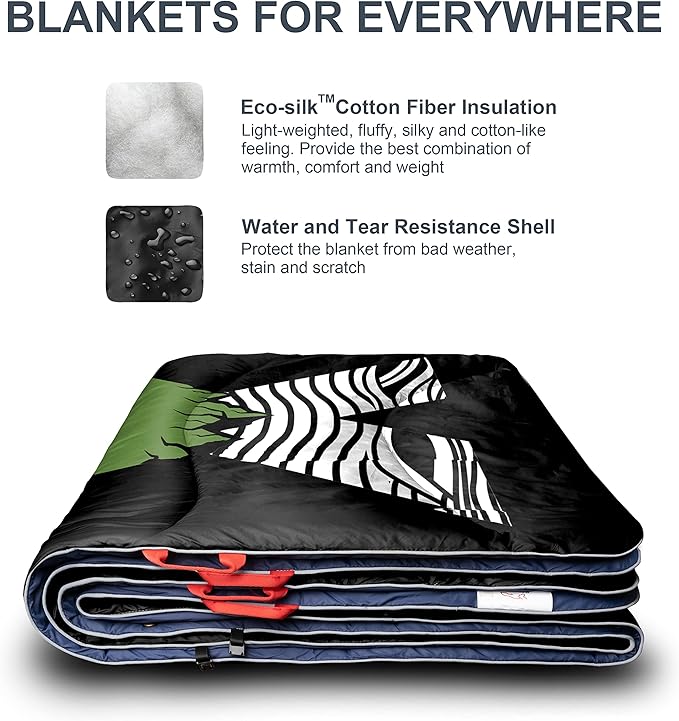 ECOSILK Puffy Blanket for Camping, Traveling, Picnics | Wearable, Waterproof, Lightweight, Packable Outdoor Travel Blanket Airplane w. Stuff Sack for Stadium, Car, Festival | 55 X 79 in