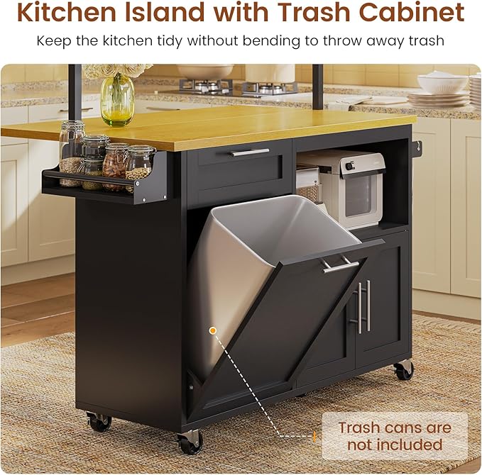 Itaar Rolling Kitchen Island Table on Wheels with Drop Leaf, 40" Mobile Kitchen Carts with Trash can Storage, Storage Cabinet, Drawer, Spice/Towel Rack, Black