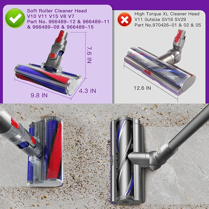Lemige Soft Roller Cleaner Head for Dyson V10 V11 V15 V8 V7 Cordless Vacuum Cleaners, Quick Release Vacuum Head Replacement Attachments Parts Accessories for Dyson, Gentle on Hard Floors