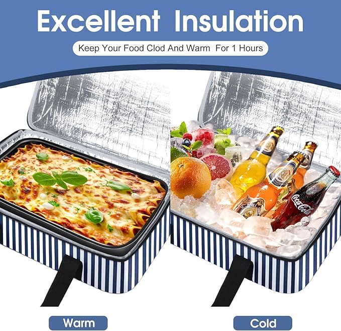 Insulated Casserole Carrier, Portable Casserole Carrier for Hot or Cold Food Lunch Tote Warmer or Cooler Bag, Lasagna Lunch Bag for Potluck Parties- Fits 9" x 13" Baking Dish-Blue Stripes