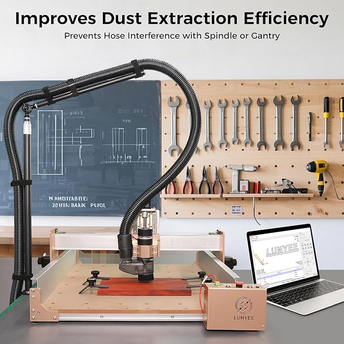 Dust Collection Boom Arm for CNC Router – Adjustable Clamp Mount Hose Holder for Desktop CNC Machines – Flexible Support Prevents Hose Sag, Improves Airflow & Keeps Work Area Clear