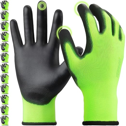 Kebada W1 Work Gloves for Men and Women, PU Coated Safety Gloves with Grip, Touchscreen, Ideal for Warehouse Package Handling, Construction, Gardening, Green Small