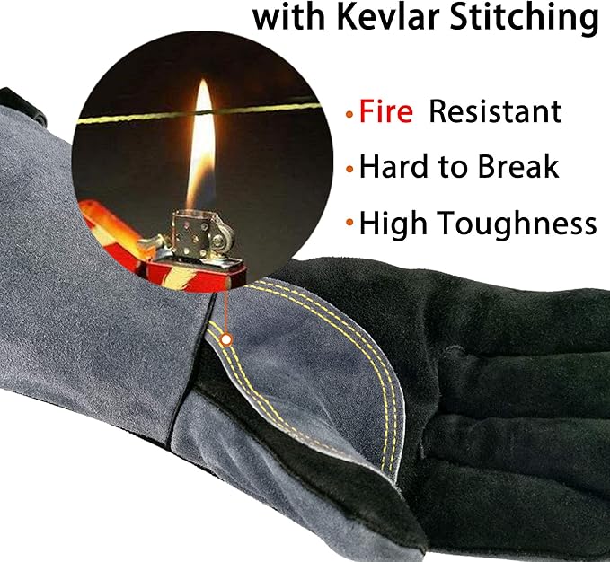 14 Inches,932℉,Leather Welding Gloves medium, Heat/Fire Resistant,Medium Mitts for BBQ,Oven,Grill,Fireplace,Tig,Mig,Forge,Baking,Furnace,Stove,Pot Holder,Animal Handling Glove.M Black-gray