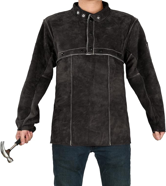 LeaSeek Leather Welding Jacket - Heavy Duty Welding Apron with Sleeve,Heat Flame Resistant Cowhide Weld Coat for Men Women.