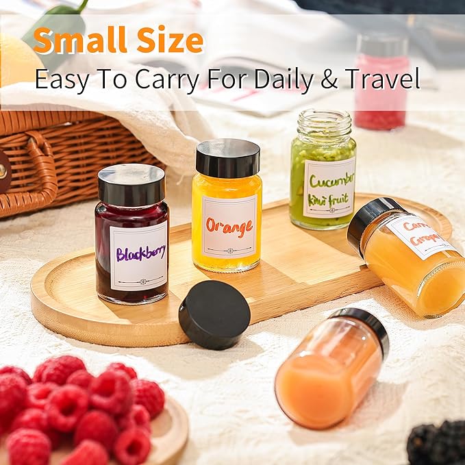 16 Pack 2 oz Glass Shot Bottles with Black Lids & Labels, Wide Mouth 60 ml Small Glass Bottles for Ginger, Leakproof Travel Mini Clear Jars for Wellness Shot, Juice - Dishwasher Safe