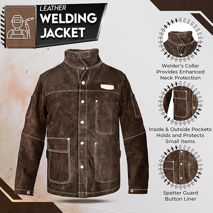 Leather Welding Jacket for Men & Women, Heat & Flame Resistant, Heavy Duty Safety Jacket