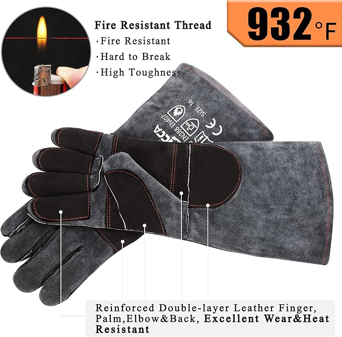 Fireplace Gloves Fire Heat Resistant: Dark-Grey 16IN 932℉ - Fireproof Leather for Fireplace Fire Pit Wood Stove Campfire Furnace BBQ Grill Oven Stick Mig Welding Welder Gear - Birthday Gift XL