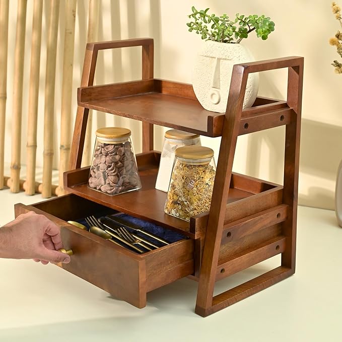 Handcrafted Versatile Organizer with Drawer | 2-Tier Kitchen Storage Organizer | Spice Rack & Jars/Bottle Holder (18x18x10.7Inch)