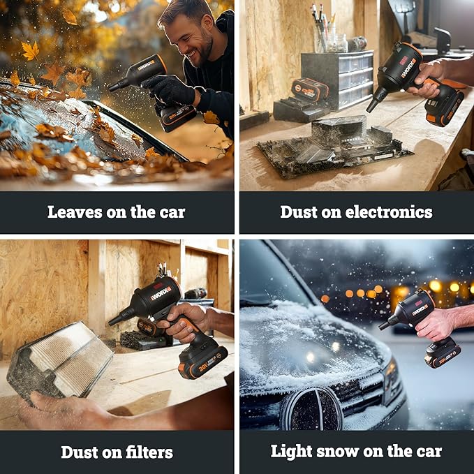 WORX Cordless Blower/Inflator, 20V 39 CFM 470 MPH Brushless High Speed Portable Dust Cleaner for Workshop, Lawn, Yard, Home, Lightweight Handheld Blower, Battery and Charger Included, PowerShare