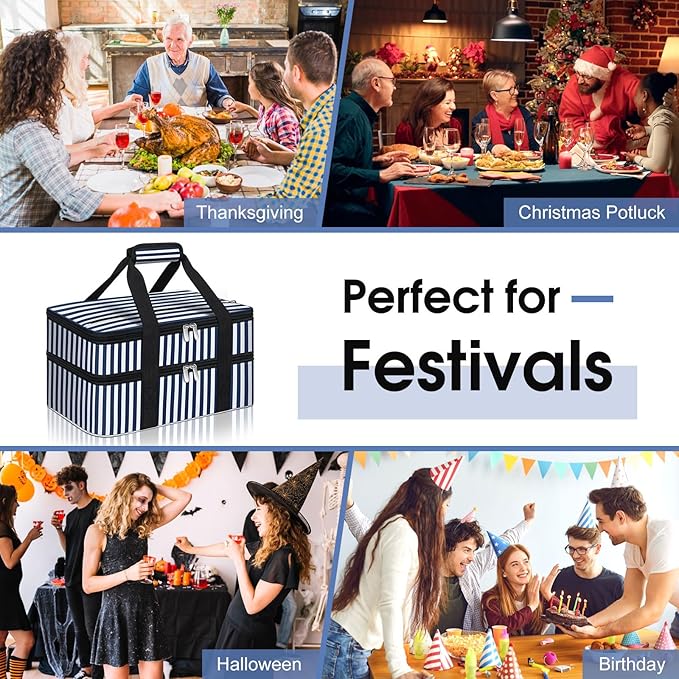 Double Insulated Casserole Carrier, Portable Casserole Carrier for Hot or Cold Food Lunch Tote Warmer or Cooler Bag, Lasagna Lunch Bag for Potluck Parties- Fits 9" x 13" Baking Dish-Blue Stripes