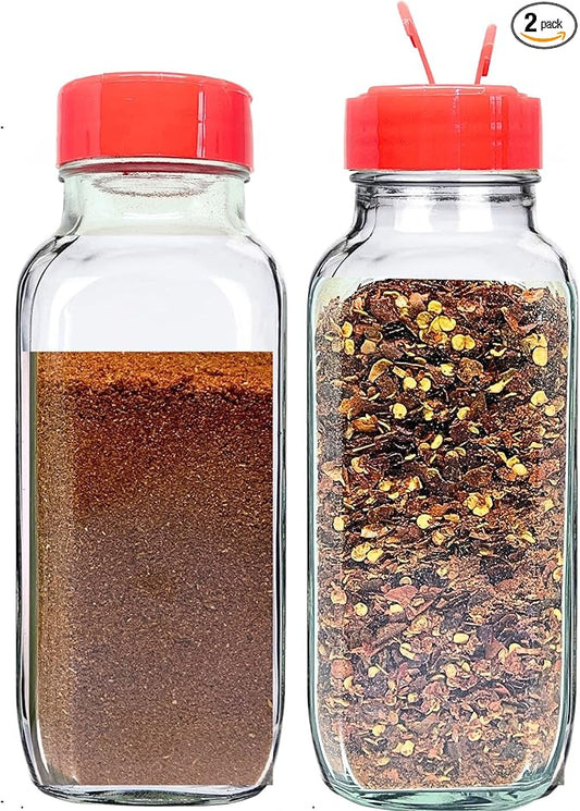 JARMING COLLECTIONS Glass Spice Jars with Shaker Lids - Spice Jars 16 oz for Food Storage, Spice Containers for Kitchen Organization, Organizing Bottles for Spices (French Square Red - 2pack)