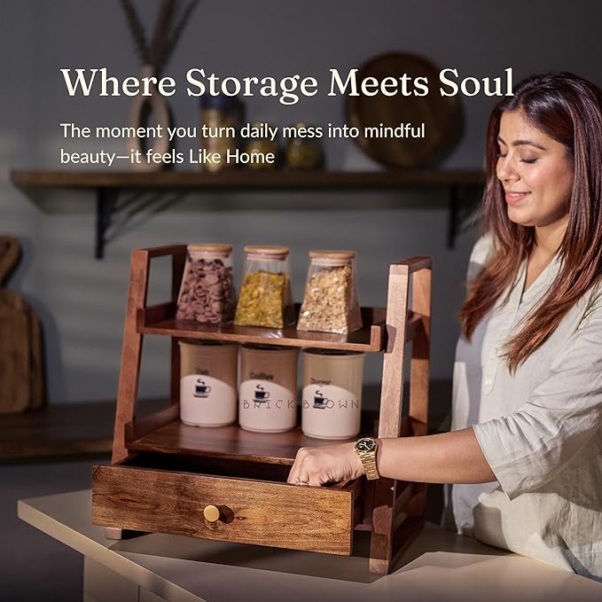 Handcrafted Versatile Organizer with Drawer | 2-Tier Kitchen Storage Organizer | Spice Rack & Jars/Bottle Holder (18x18x10.7Inch)