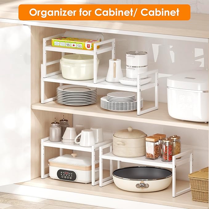 DOLALIKE Expandable Kitchen Countertop Organizer, Stackable Cabinet Shelf Organizers, Space Saving Spice Rack Pantry Storage for Bathroom Office Organization (White, 2-Tier)