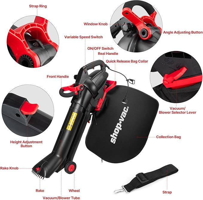 Shop-Vac 3 in 1 Electric Leaf Blower, Vacuum & Mulcher for Lawn Care, 180 mph Airflow, 530 cfm Delivery Power, 35L Collection Bag