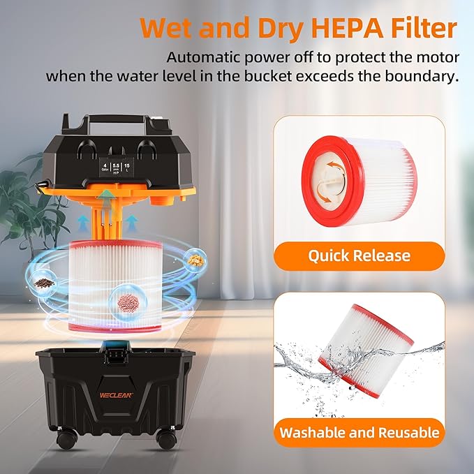 WECLEAN 4 Gallon 5.5 Peak HP Commercial Wet Dry Vacuum Cleaner Shop Vac for Outdoor Patio Wet & Dry Construction Shop Vac with Blower Gift for Father