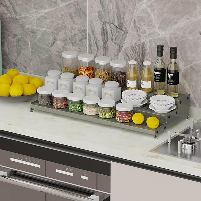 Expandable Spice Rack organizer with 3-Tier step shelf,Modern Design heavy duty,Non Skid and Visibility ,Great for Kitchen Cabinet,Bathroom,dressing table,Cupboard, Pantry and more(1PACK/GUN-GREY)