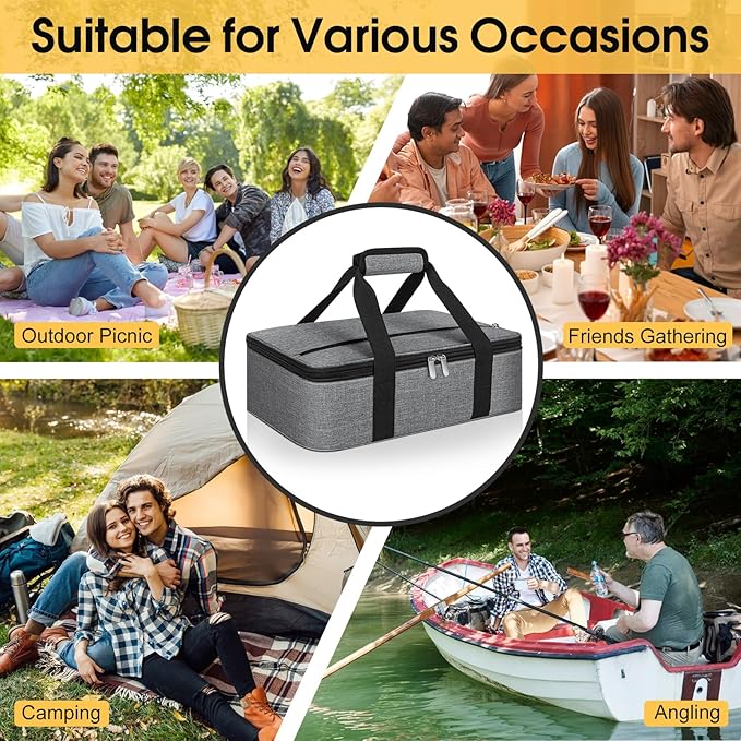 Insulated Casserole Carrier, Portable Casserole Carrier for Hot or Cold Food Lunch Tote Warmer or Cooler Bag, Lasagna Lunch Bag for Potluck Parties- Fits 9" x 13" Baking Dish-Charcoal Grey